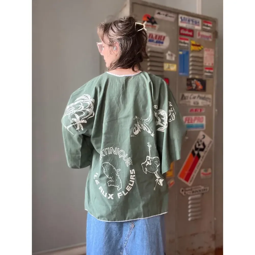 Vintage 90s Bell Sleeve Tunic | Ile Aux Fleurs Map Print | Flared Sleeves | M–XL - Picture 3 of 9